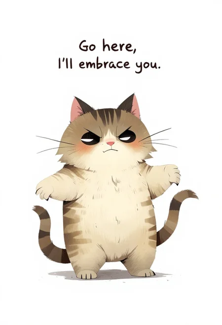 ppstorybook, The image features a cartoon cat with a fur texture that resembles that of a Persian cat, characterized by its long, bushy tail and thick, white whiskers. The cat has a somewhat grumpy expression, with its eyes narrowed and a slight frown, giving it an angry or frustrated look. Its ears are perked up, and it has a small, pink nose. The cat's arms are raised in a defensive or aggressive posture, with the hands spread apart. The background is plain white, which makes the cat stand out prominently. The text above the cat reads "Go here, I'll embrace you".