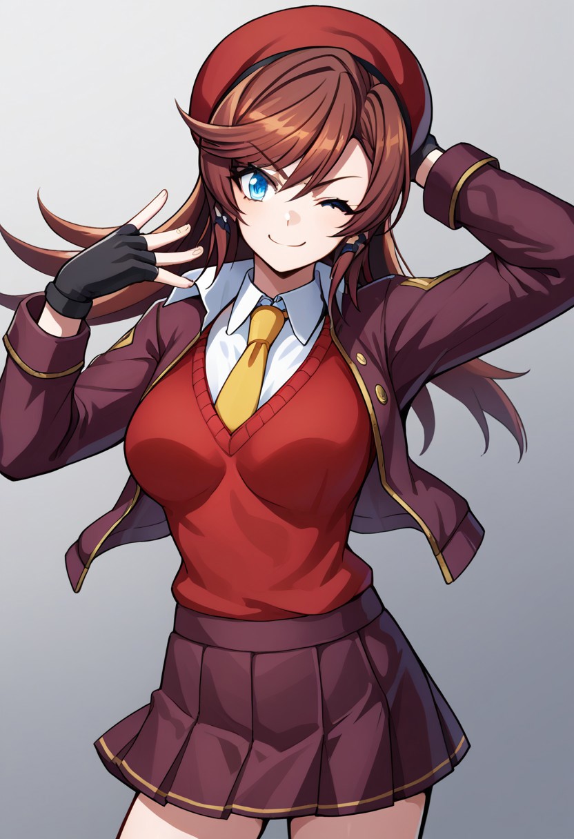 score_9, score_8_up, score_7_up, source_anime, good anatomy, 1girl, solo, 1girl, solo, MiinaWeltkatze, auburn hair, long hair, swept bang, blue eyes, red sweater, sweater vest, collared undershirt, white undershirt, undershirt, yellow tie, dark red cropped jacket, dark red skirt, miniskirt, pleated skirt, gold trim, fingerless gloves, black gloves, red beret, arm over head, standing, winking, smirking
