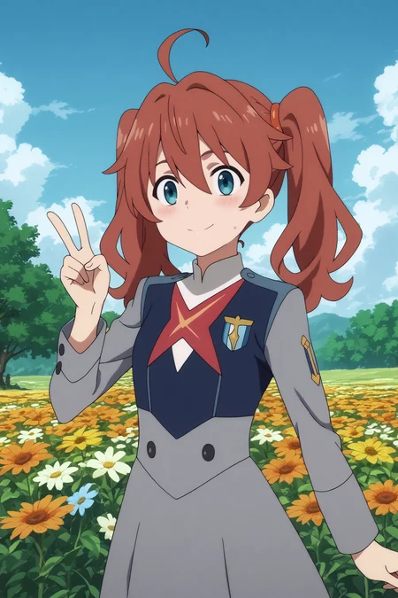 kokoro,1girl,solo,long hair,twintails,ahoge,uniform,military,military_uniform,long hair,peace sign with one hands,smile BREAK outdoors,blue sky,cloudy_sky,orange flower,flower field,tree <lora:Miku_-_Darling_in_the_franxx.safetensors:0.8> <lora:detailed_backgrounds_v2.safetensors:0.5>