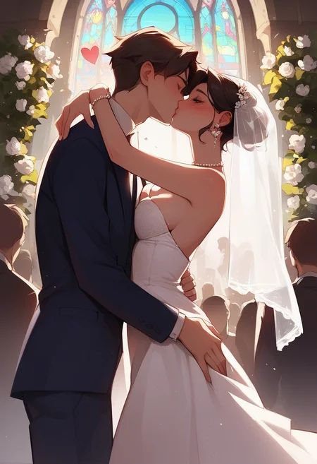 zPDXL3, source_anime, source_cartoon, score_9, score_8_up, score_7_up, dynamic shot, low angle,1girl and 1boy, wedding kiss, wedding dress, necklace, ear rings, elegant, beautiful face, beautiful, kissing passionately, ass grab, heavy blush, romantic, hearts, soft breast, church, crowd, wedding, priest, flowers, detailed background, anime screecap,