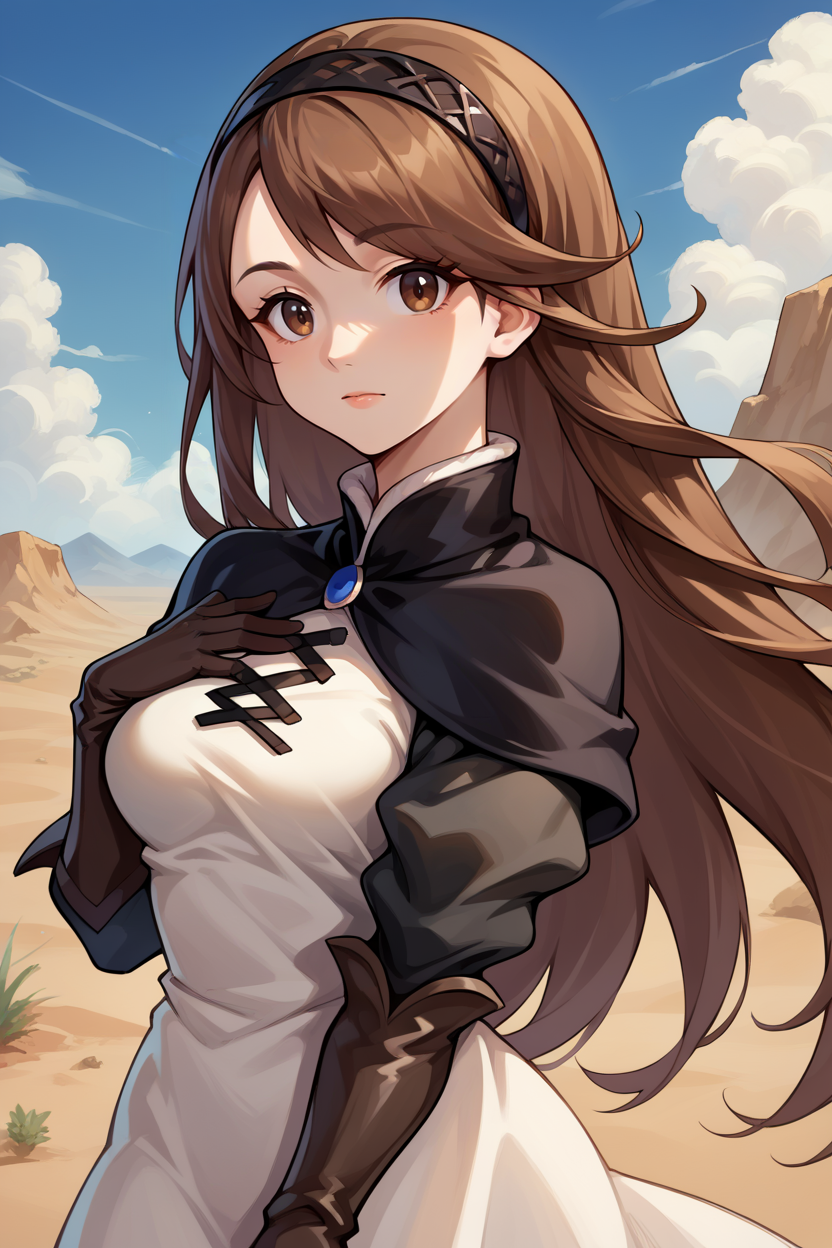 score_9, score_8_up, score_7_up, score_6_up, source_anime, BREAK 1girl, solo,   <lora:agnesoblige-pdxl-nvwls-v1-000005:1> defagnes, brown hair, brown eyes, long hair, hairband, black capelet, white dress, cross-laced dress, black sleeves, black gloves, elbow gloves, looking at you, desert, blue sky, mountains, upper body, medium breasts, hand on own chest