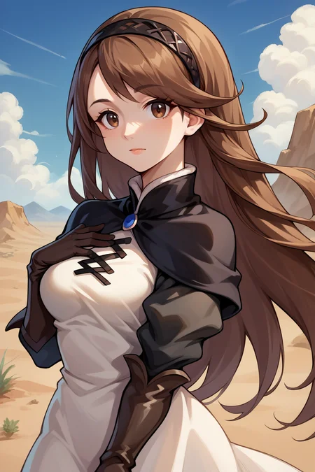 score_9, score_8_up, score_7_up, score_6_up, source_anime, BREAK 1girl, solo, <lora:agnesoblige-pdxl-nvwls-v1-000005:1> defagnes, brown hair, brown eyes, long hair, hairband, black capelet, white dress, cross-laced dress, black sleeves, black gloves, elbow gloves, looking at you, desert, blue sky, mountains, upper body, medium breasts, hand on own chest