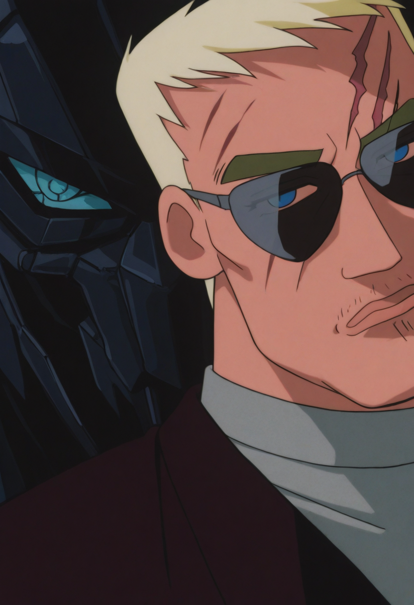 1boy, close-up, darkness, facing viewer, head tilt, looking at viewer, male focus,
BREAK
<lora:Hexon_from_Crayon_Shin-chan_Pursuit_of_the_Balls_of_Darkness_v1.0_1724039:1>
cs97hexon, 2000s \(style\), retro artstyle, mature male, blonde hair, blue eyes, thick eyebrows,
BREAK
turtleneck, plump, sunglasses, mecha, broken face, cyborg, (massive scar:1.5) reveiling beneath endoskeleton, mechanical eye,
BREAK
very awa, masterpiece, best quality, absurdres, newest, perfect quality, detailed background, intricate details,