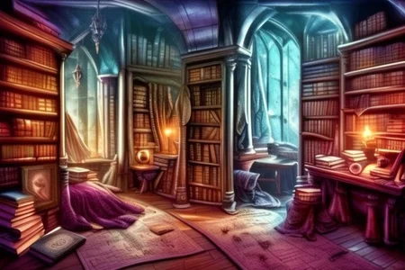 a fantasy bedroom that is also the owner's personal library with books everywhere
FanStu