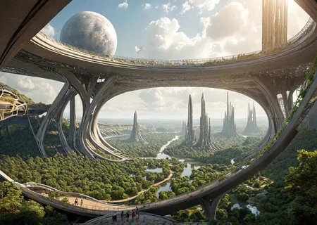 A scenic view from a futuristic, eco-friendly habitat harmoniously integrated with the alien landscape of a distant planet, as seen through the expansive, cupola of an elevated slender structure,organic, curved architecture, geometric, angular structures, giant, leaf-like solar panels, a clear atmosphere, a nearby asteroid field, a muddy river, a peaceful city square,
, (epic:0.75, (high image quality:1.08), (RAW:0.9),subsurface tering,(high resolution photograph:1.28),high definition,masterpiece, amazing quality, (aesthetic:0.99), absurdres, <lora:LCMTurboMix_Euler_A_fix.safetensors:0.96:0.3> <lora:sdxl\zy_Realism_Enhancer_v1.safetensors:0.85:0.18> <lora:sdxl\add-detail-xl.safetensors:0.86:0.10 p13,s1