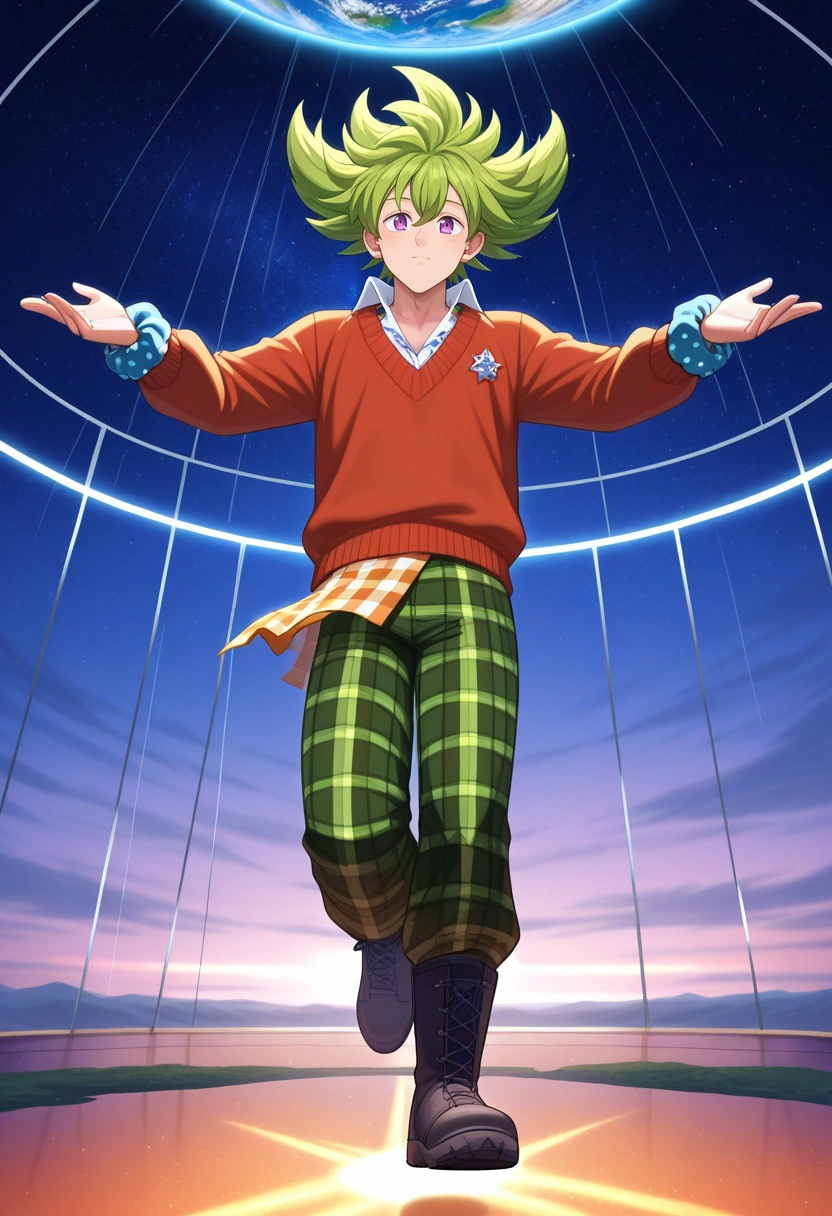 masterpiece, best quality, , semi-realistic,, 1boy, solo, male focus, <lora:percival_nnt_mny_ilxl:0.94>, percival_nnt_mny, green hair, purple eyes, spiked hair, hair between eyes, bangs, , space elevator, earth view, star field, glass walls, floating pose, peaceful expression, space lighting, Barkcloth Polka dot Cuffed pants, Tartan Eyelet V-neck sweater, Hiking boots, , and