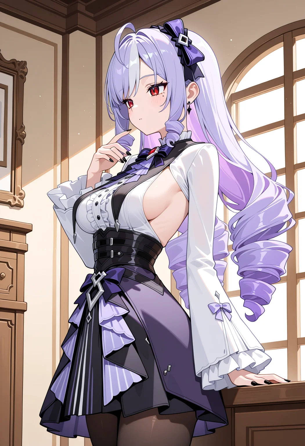 masterpiece, best quality, high resolution, source_anime, highly detailed illustration, detailed eyes,
very aesthetic, absurdres, newest, amazing quality,
1girl, solo,
<lora:shiVivianV1ill:1>,
shiviviandef, long hair, drill hair, sidelocks, ahoge, bangs, purple hair, multicolored hair,
red eyes, mole under eye,
medium breasts, sideboob,
long sleeves, frilled sleeves, white shirt, purple dress, underbust, corset, center frills, purple bow, purple bowtie,
black skirt, high-waist skirt, black pantyhose,
black nails, nail polish,