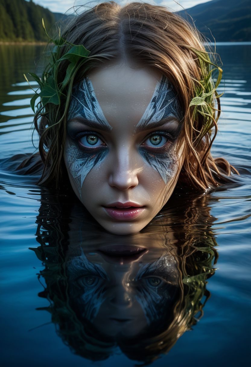 Mysterious female eyes in a lake, (only her eyes are above water-level, water reflection), goddess, alluring, by Minjae Lee, Carne Griffiths, Emily Kell, Steve McCurry, Geoffroy Thoorens, Aaron Horkey, Jordan Grimmer, Greg Rutkowski, amazing depth, double exposure, surreal, geometric patterns, intricately detailed, bokeh,  perfect balanced, deep fine borders, artistic photorealism , smooth,  great masterwork by head of prompt engineering   <lora:add-detail-xl:2>  <lora:Double_Exposure:0.5>
