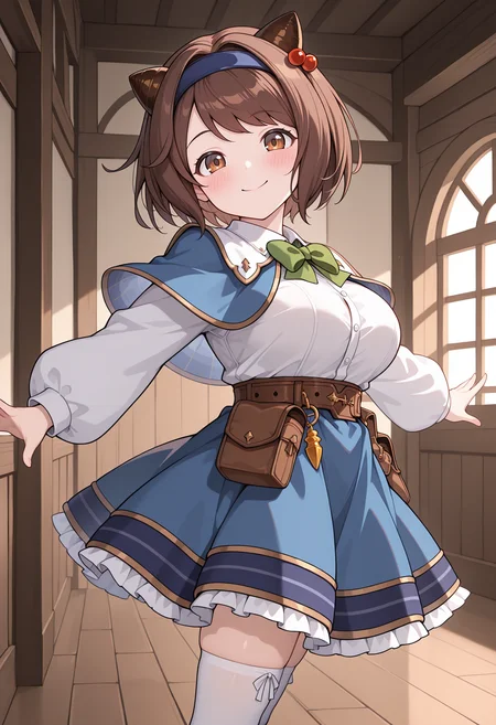highres, best quality, masterpiece, indoors,
1girl, solo, gbfyaia, brown hair, short hair, hairband, draph, brown eyes, large breasts,
yaiadef, blue hairband, hair bobbles, blue capelet, white shirt, white sleeves, long sleeves, green bowtie, belt, pouch, blue skirt, white thighhighs,
looking at viewer, blush, smile, head tilt, 
standing, from side, spread arms,
<lora:_yaia_gbf-elesico-ilxl:1>