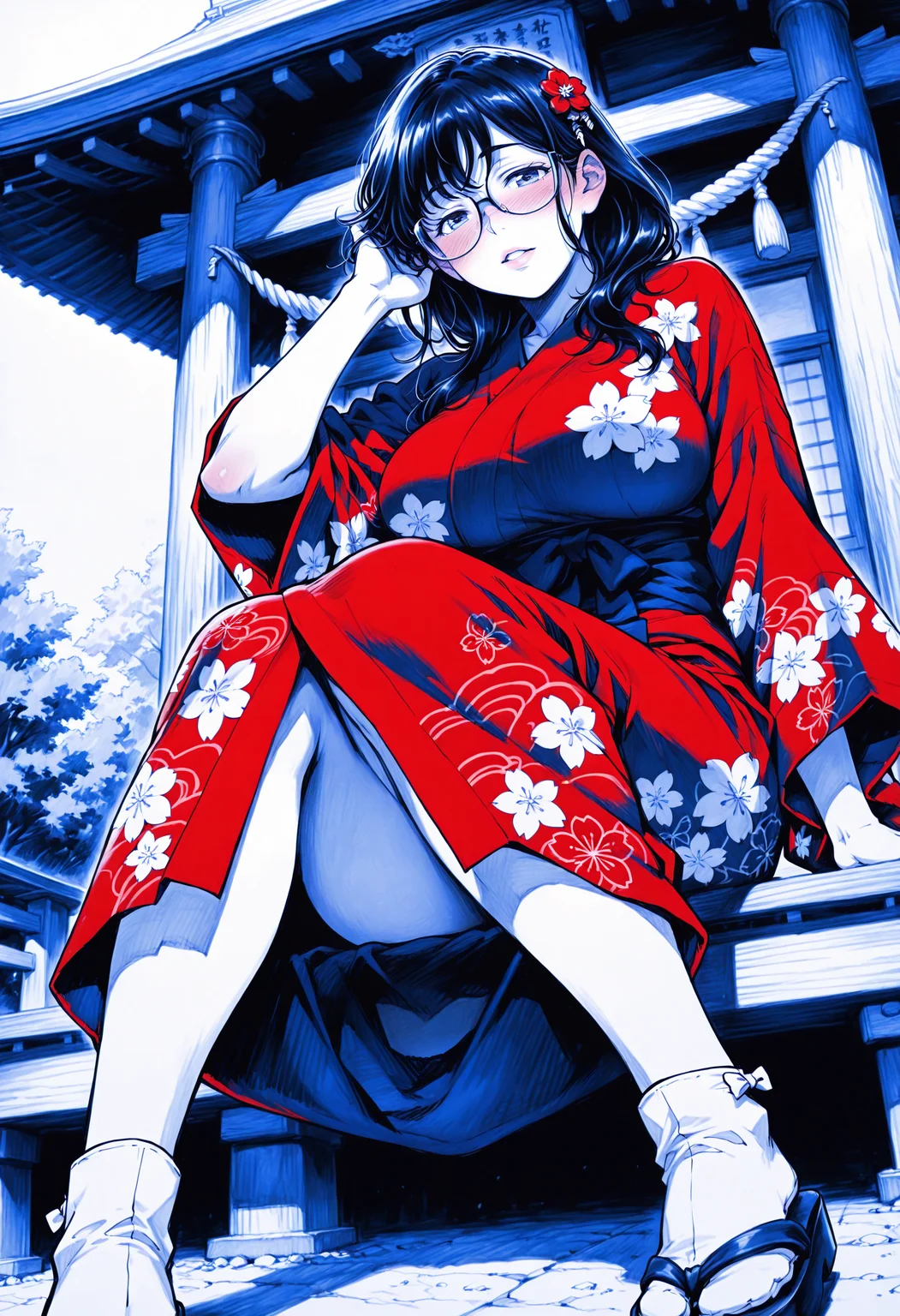 1girl woman, solo, <lora:SakuNee_Illustrious:1>, 22yo,large breasts, SakuNee,black hair, long hair, glasses,
Japanese Shrine maiden, long black hair, sidelocks, hair ornament, (black and red yukata:1.3), sitting in front of a shinto shrine, parted lips, blue theme, sketch, traditional media, graphite_(medium),<lora:WhiteandBlue:1>, looking at viewer, blush, hand on hair, sandals, golden print, floral print, low angle, lips, ankle strap, tabi,, masterpiece, best quality, amazing quality, high resolution