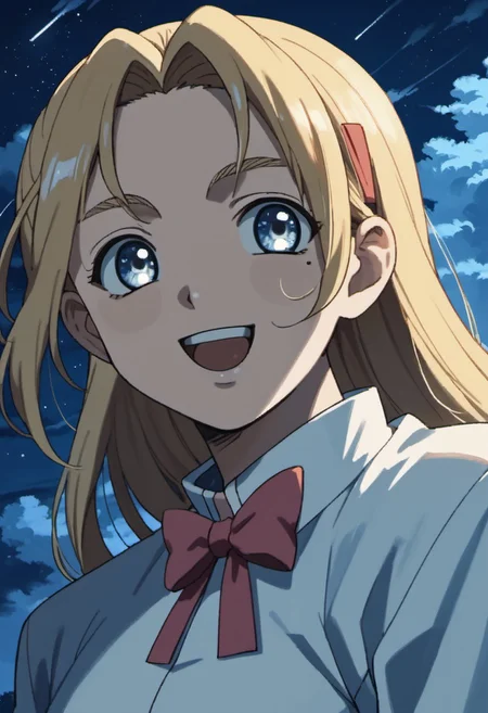 score_9, score_8_up, score_7_up, source_anime, miu furinji, blue eyes, blonde hair, long hair, 1girl, solo, mole, mole under eye, sky, smile, open mouth, cloud, bow, anime coloring, night, :d