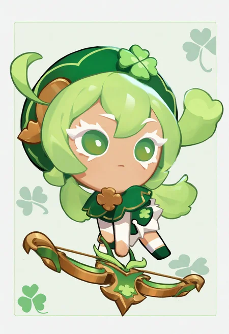masterpiece,best quality,amazing quality,
crk1styl111,<lora:lycoris:1>,(chibi:1.4),colored eyelashes,white eyelashes,dynamic pose,solo,full body,simple background,green hair,(green theme:1.1),
girl,twintails,clover print,(clover girl:1.1),long hair,green eyes,border,clover background,brooch,capelet,hat,holding crossbow,