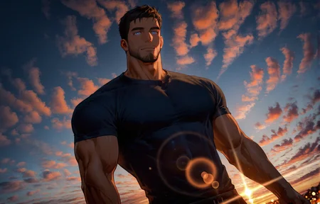 <lora:Altocumulus-10:1> muscular man, Altocumulus Clouds, gradient sky, sunset, outdoors, sky, scenery, muscular man, bokeh, backlight, lens flare, depth of field,  
(very short hair, beard, bara, mature, facial hair, stubble, beard, full beard, sideburn, beard, a lot of beard, ), facial hair,male focus, muscular male, muscular male, bara, mature,  bara, mature, dutch angle,
aixiwuganda_(20222192), very awa, masterpiece, best quality, absurdres, newest, perfect quality, detailed background, intricate details,
<lora:slider_Body Type_alpha1.0_rank4_noxattn_last:2><lora:style_Anime Summer Days 2 Style SDXL_LoRA_Pony Diffusion V6 XL:.6><lora:slider_cfg_scale_boost:.7><lora:face_Artist6p-10:.55>, Artist6p, Artist04p,<lora:slider_il_brightness_slider_d1:-1><lora:slider_il_contrast_slider_d1:-1><lora:slider_DarkSlider1.2_alpha1.0_rank16_full_300steps:-.6>