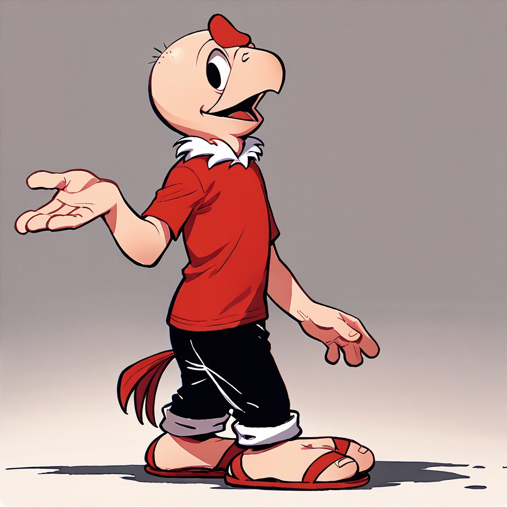 score_9, score_8_up, score_7_up BREAK Condorito, 1boy, humanoid bald didactyl condor, two toes, black eyes, beak, red crest, red tail feathers, white feather collar, short-sleeved red shirt, rolled-up black pants, red sandals, full body,
