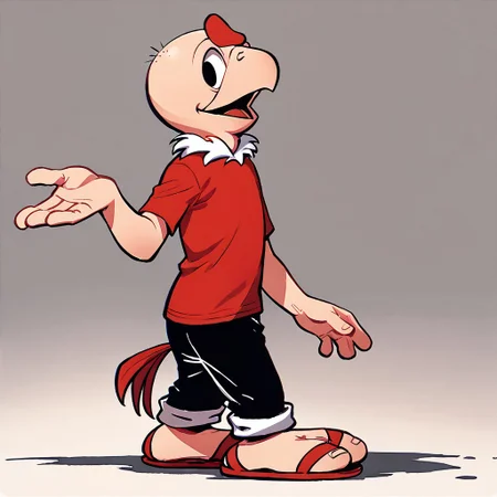 score_9, score_8_up, score_7_up BREAK Condorito, 1boy, humanoid bald didactyl condor, two toes, black eyes, beak, red crest, red tail feathers, white feather collar, short-sleeved red shirt, rolled-up black pants, red sandals, full body,