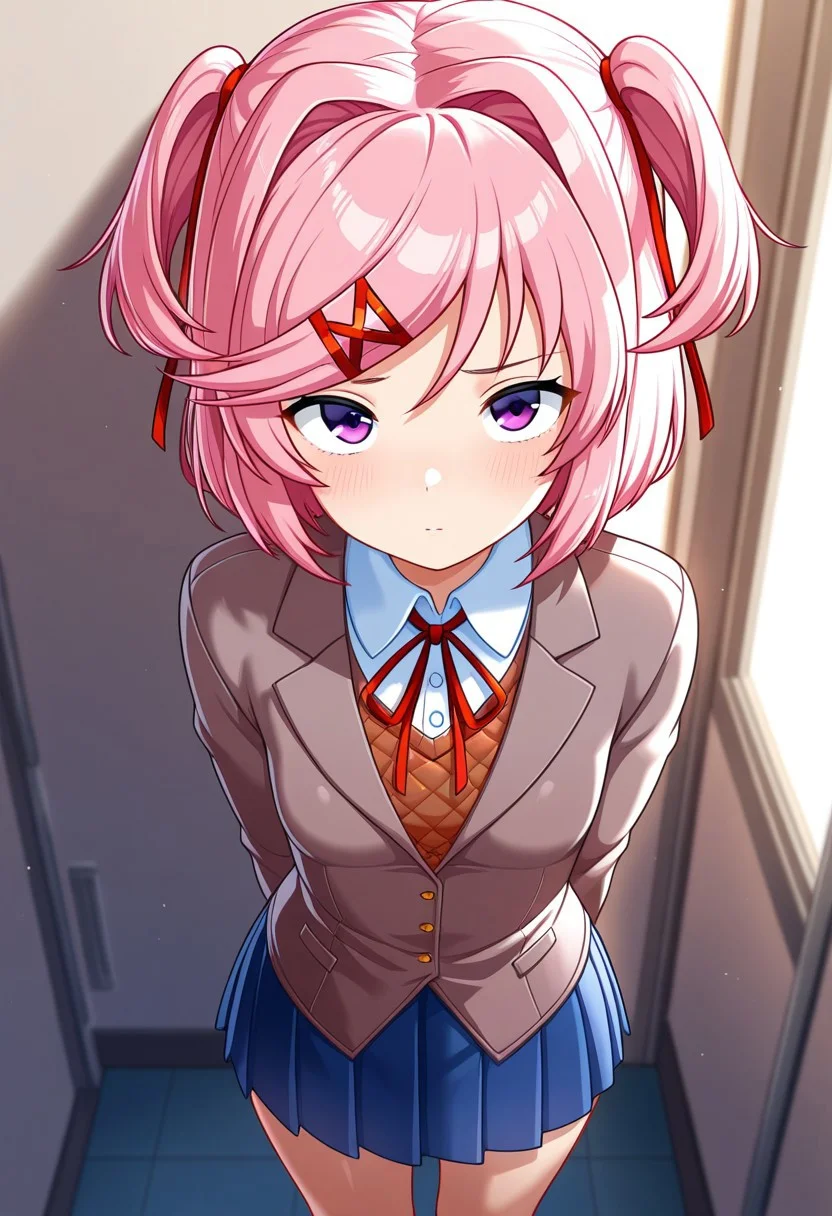 masterpiece,best quality,amazing quality, 1girl, Natsuki \(doki doki literature club\), pink hair, purple eyes, short hair, x hair ornament, blazer, blue skirt, brown jacket, collared shirt, jacket, neck ribbon, pleated skirt, red ribbon, ribbon, white shirt, wing collar, back 3/4 view, (ass, white panties, grabbing own ass:0.7), straight legs, standing still