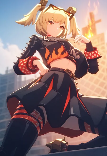 score_9, score_8_up, score_7_up, rating_explicit, 
outdoors, sky,
BREAK 
1girl,KJOburnice, blonde hair, orange eyes, twintails, two side up,
burning_desires pose, from below,