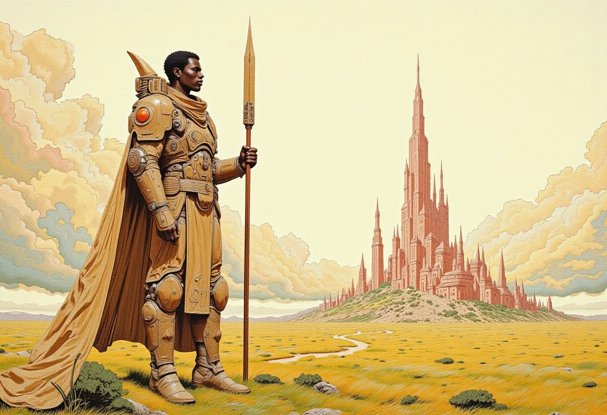 A full body shot of an imposing african space guard, on a vast plain, a futuristic city fills the horizon, clouds in the sky , pastel colour palette and deep, rich textures. Intricate detail, ambient lighting, cyberpunk setting, intricate scenery, Comic book style