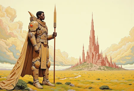 A full body shot of an imposing african space guard, on a vast plain, a futuristic city fills the horizon, clouds in the sky , pastel colour palette and deep, rich textures. Intricate detail, ambient lighting, cyberpunk setting, intricate scenery, Comic book style