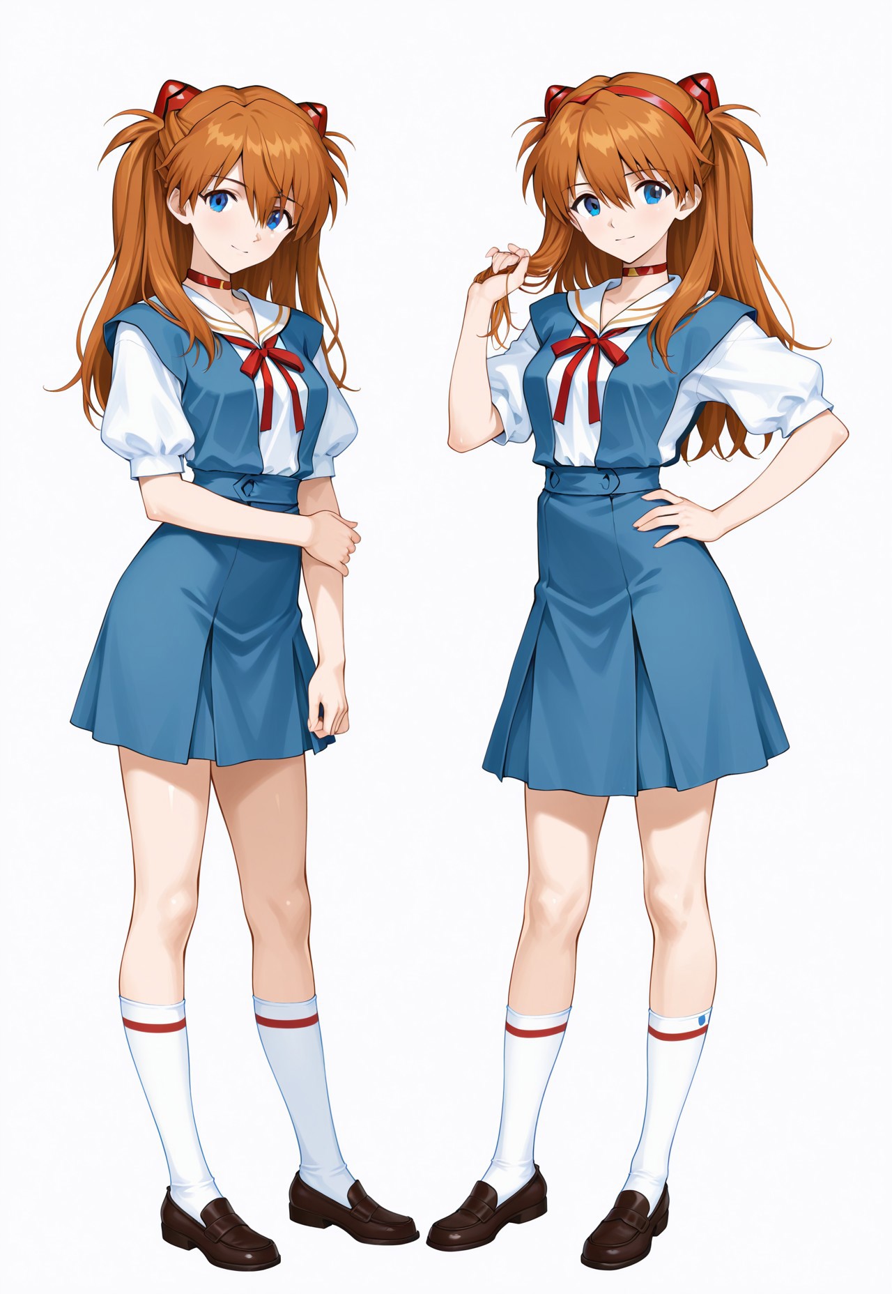 digital art of asuka langley soryu from neon genesis evangelion, anime style, full body, standing, white background, asuka has long orange hair with red hairbands, blue eyes, wearing a blue dress with white puffy sleeves and a red ribbon at the collar, blue skirt, white socks with red stripes, brown mary jane shoes, right hand on hip, left hand touching hair, confident expression, detailed shading and highlights, clean lines, no background elements, character centered, bright and vibrant colors, anime character design, classic school uniform style, simple and focused composition, medium shot, character looking slightly to the side, white background with no shadows