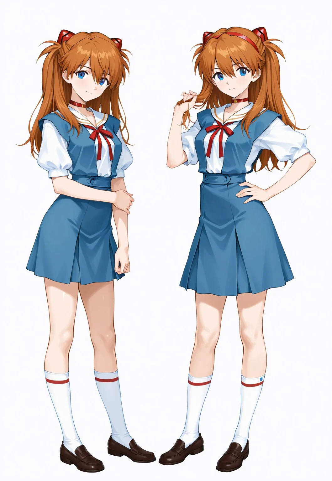 digital art of asuka langley soryu from neon genesis evangelion, anime style, full body, standing, white background, asuka has long orange hair with red hairbands, blue eyes, wearing a blue dress with white puffy sleeves and a red ribbon at the collar, blue skirt, white socks with red stripes, brown mary jane shoes, right hand on hip, left hand touching hair, confident expression, detailed shading and highlights, clean lines, no background elements, character centered, bright and vibrant colors, anime character design, classic school uniform style, simple and focused composition, medium shot, character looking slightly to the side, white background with no shadows