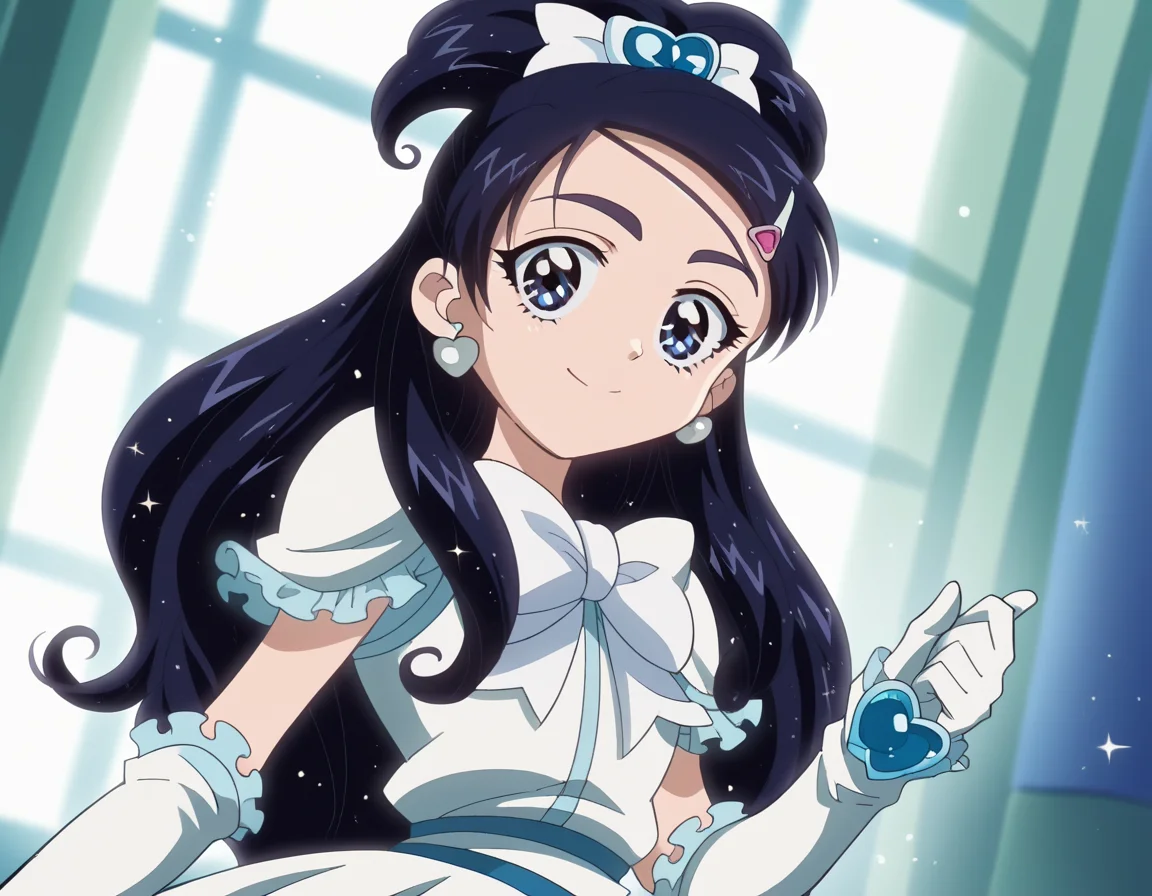 score_9, score_8_up, score_7_up, source_anime, <lora:honoka-yukishiro-anime-ponyxl-lora-nochekaiser:1>, honoka yukishiro, long hair, blue eyes, hair ornament, blue hair, hairclip,, dress, jewelry, earrings, magical girl, half updo, cure white, frills, bowtie, white bowtie, gloves,, indoors, smile, looking at viewer, solo,, cowboy shot, dutch angle