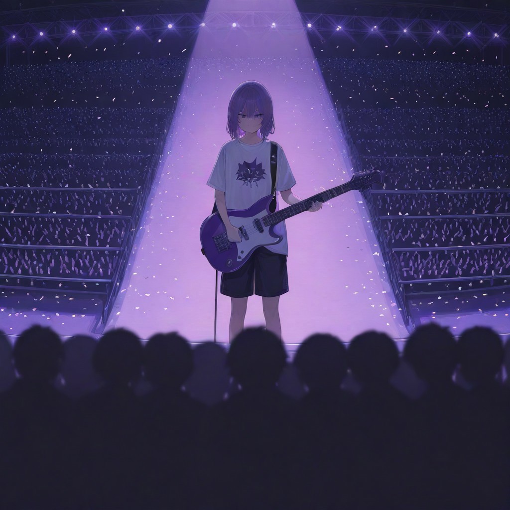 Here's a prompt to generate an image similar to the one you provided: **Prompt:** Anime style illustration of a young male guitarist on stage. He has dark, tousled hair and a somewhat serious expression. He's wearing a white long-sleeved shirt with a stylized cartoon cat graphic on it. He is holding a bright pink electric guitar. The background is a concert stage with blurred figures of a crowd, bright purple stage lights, and a shower of confetti. The overall style is vibrant and colorful with sharp details.