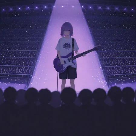 Here's a prompt to generate an image similar to the one you provided: **Prompt:** Anime style illustration of a young male guitarist on stage. He has dark, tousled hair and a somewhat serious expression. He's wearing a white long-sleeved shirt with a stylized cartoon cat graphic on it. He is holding a bright pink electric guitar. The background is a concert stage with blurred figures of a crowd, bright purple stage lights, and a shower of confetti. The overall style is vibrant and colorful with sharp details.