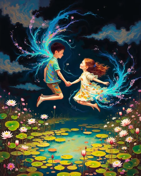 DB4RZ style painting, a boy and a girl floating in midair holding hands, fields of colorful energy surround them, below them is a small pond with water lilies surrounded by flowers, the sky is dark and full of swirling clouds