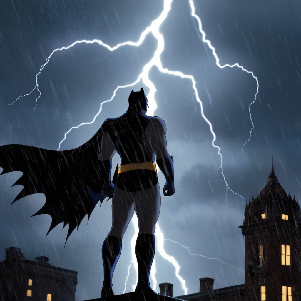 Gothic style,  <lora:Batman:1.5>
a naked batman silhouetted standing in front of a lightning bolt in stormy rainy weather In Gotham City Universe, Dark, mysterious, haunting, dramatic, ornate, detailed