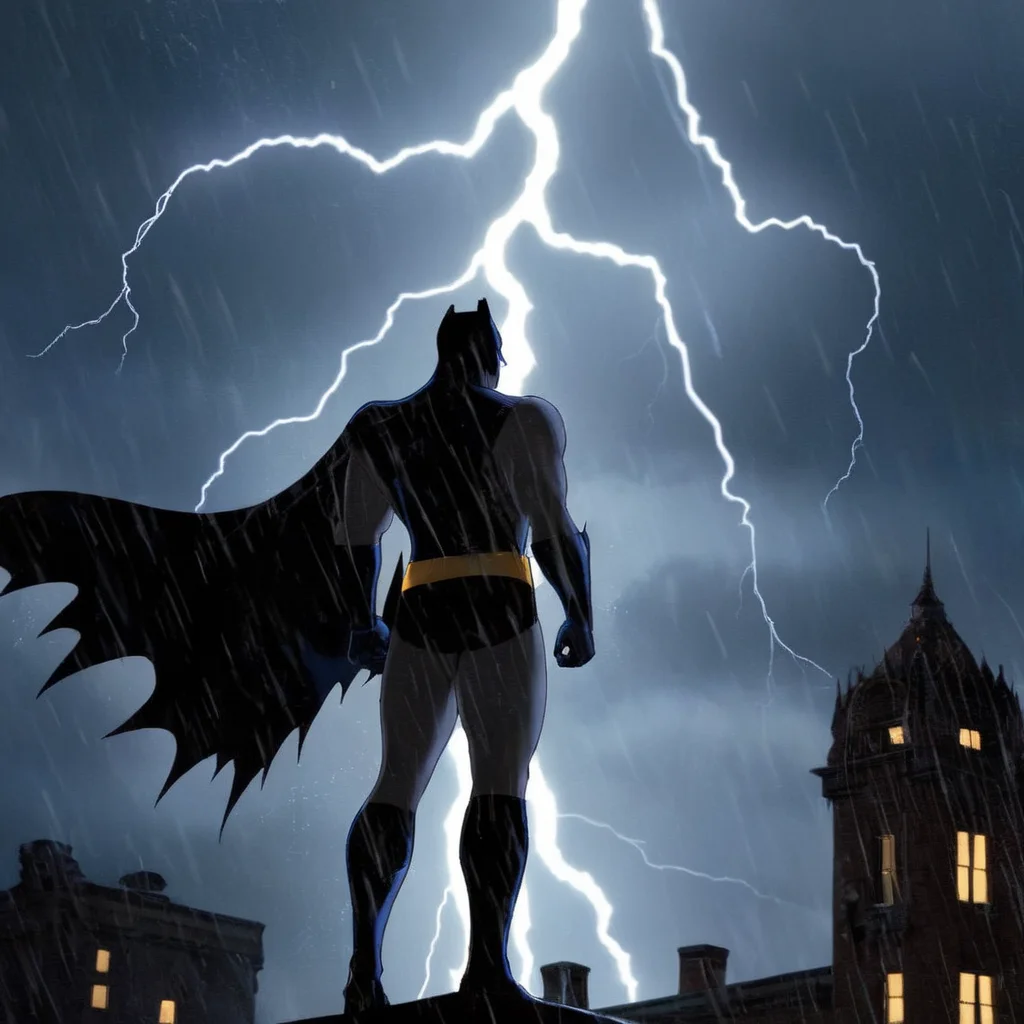 Gothic style, <lora:Batman:1.5>
a naked batman silhouetted standing in front of a lightning bolt in stormy rainy weather In Gotham City Universe, Dark, mysterious, haunting, dramatic, ornate, detailed