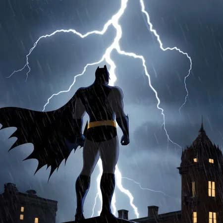 Gothic style, <lora:Batman:1.5>
a naked batman silhouetted standing in front of a lightning bolt in stormy rainy weather In Gotham City Universe, Dark, mysterious, haunting, dramatic, ornate, detailed