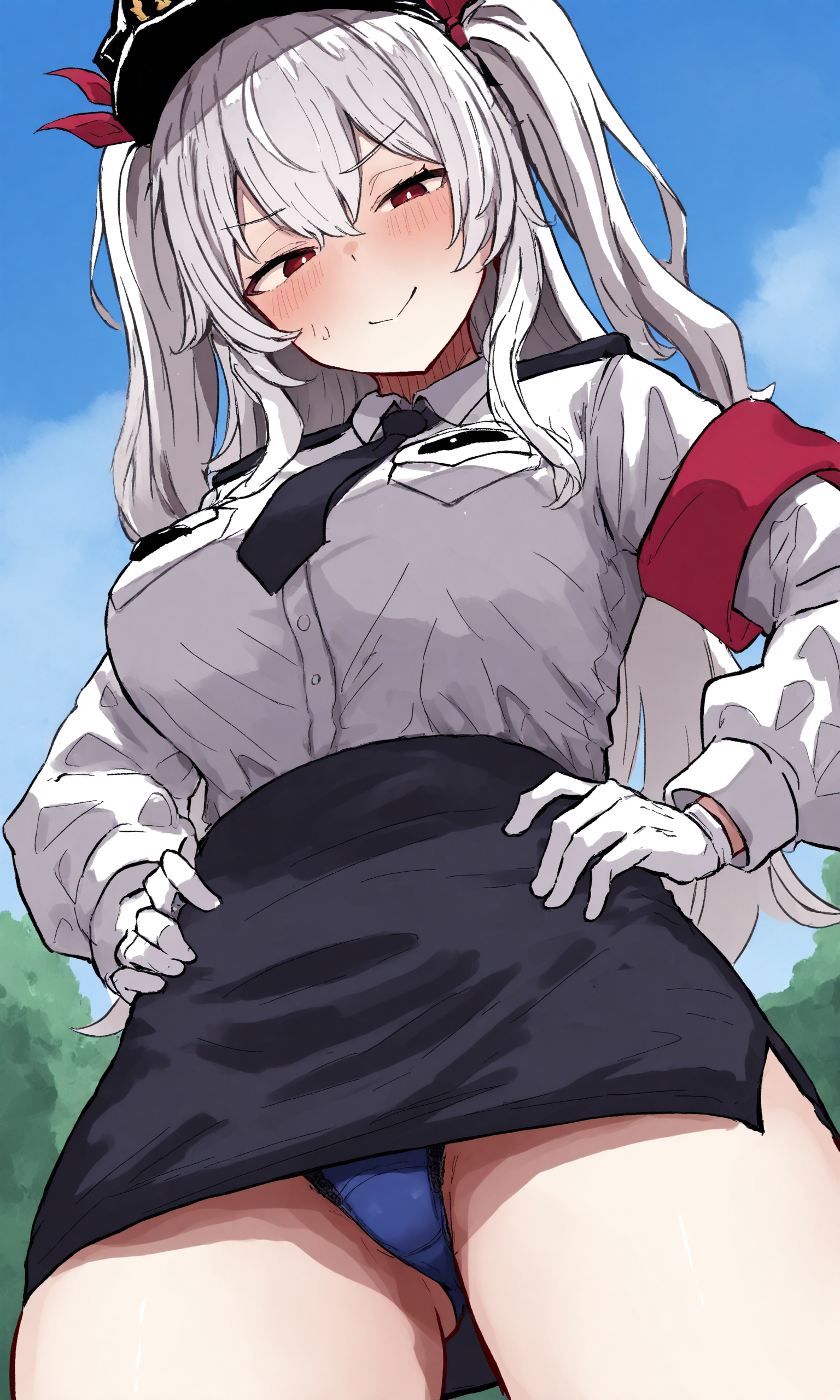 masterpiece, best quality, high resolution, absurdres, 1girl, tarustyle, police_uniform, police_hat, high-waist_skirt, black_skirt, white_hair, red_eyes, two_side_up, long_hair, looking_at_viewer, naughty_face, white_gloves, long_sleeves, dutch_angle, from_below, pantyshot, outdoors, sky, medium_breasts, closed_mouth