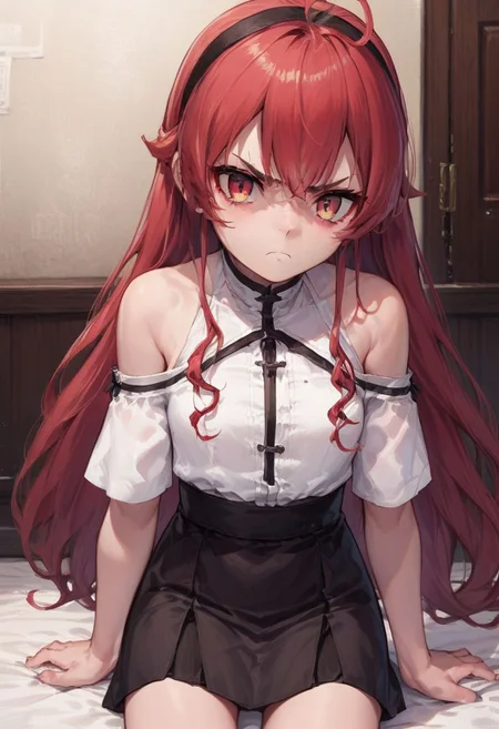 score_9, score_8_up, score_7_up, source_anime, 1girl, Eris Greyrat, solo, white shirt, bare shoulders, black skirt, annoyed, indoors