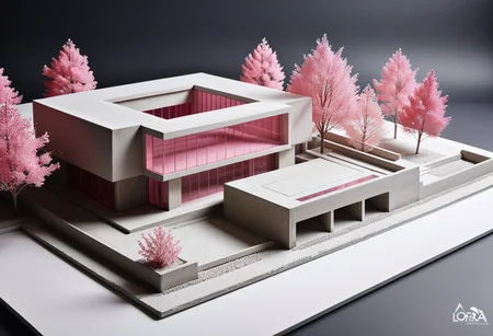 best quality, professional grade, studio shot of an architecture physical model, ( pink  details),  Concrete glass metal model,( traditional  style)  super detailed, masterpiece, Perfectly framed, cinematic lighting, focused, Architecture office in background, hyperrealistic, ultrarealistic, <lora:rawconcreteXL:1> Architecture physical model