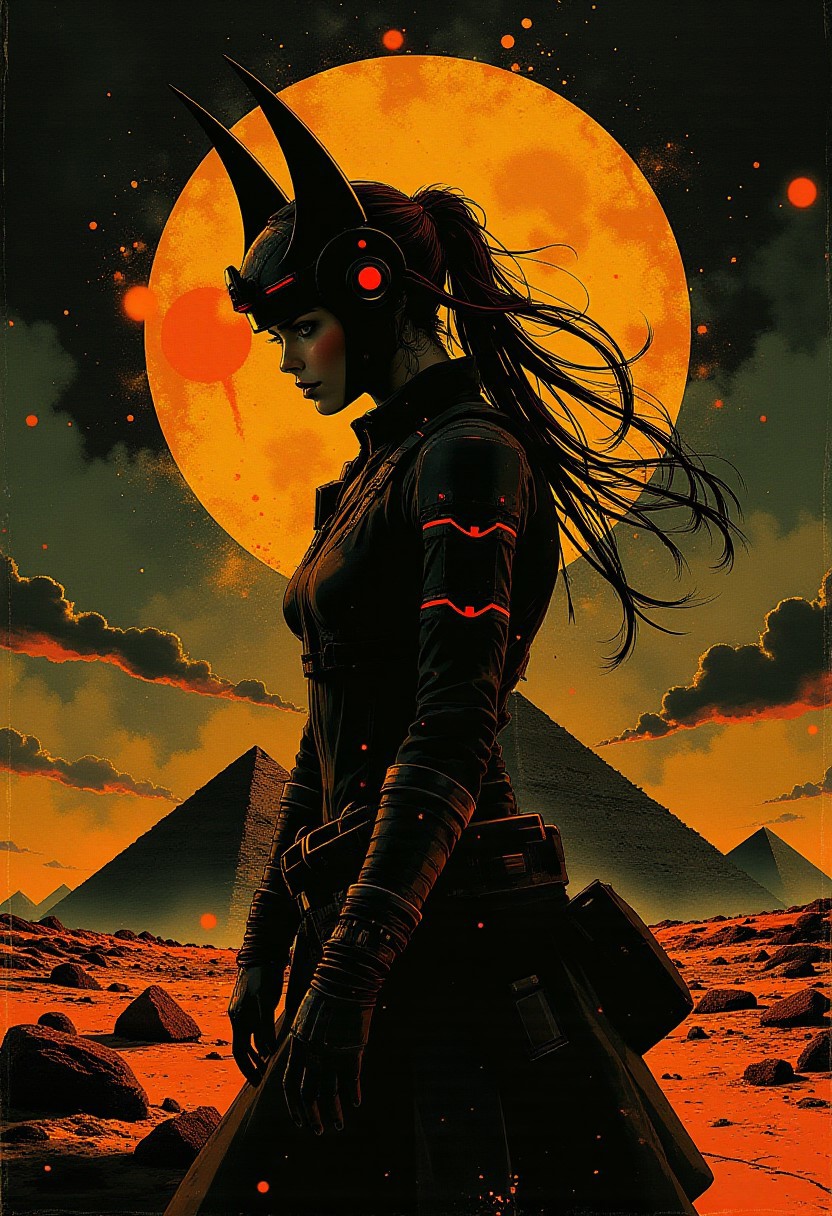 Inkplash art on rice paper, sepia, henna , Silhouette Art, magnificent, inksplash double exposure, crisp lines, Egyptian pyramids below closeup portrait of stunning japanese sci-fi warrior, blonde loose  hair, Anubis-style helmet, directional lighting, dark background