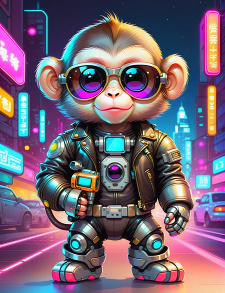 <lora:SDXLCutePets:1> cutepets, an adorable super cute kawaii cyborg monkey, wearing sunglasses, leather jacket, robot tail, high quality, digital art illustration, neon city background, holding a tiny laser gun