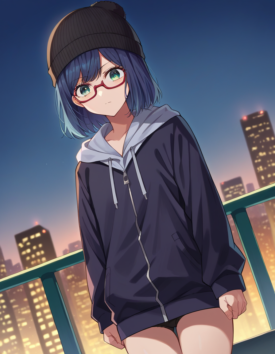 score_9, score_8_up, score_7_up, source_anime,
akanekurokawa, <lora:akane-kurokawa-ponyxl-lora-nochekaiser:1>,
akane kurokawa, bangs, green eyes, blue hair, medium hair, dark blue hair,
long sleeves, hat, jacket, glasses, hood, black jacket, black headwear, hoodie, hood down, red-framed eyewear, beanie,
outdoors, cityscape,
looking at viewer, cowboy shot, dutch angle,
