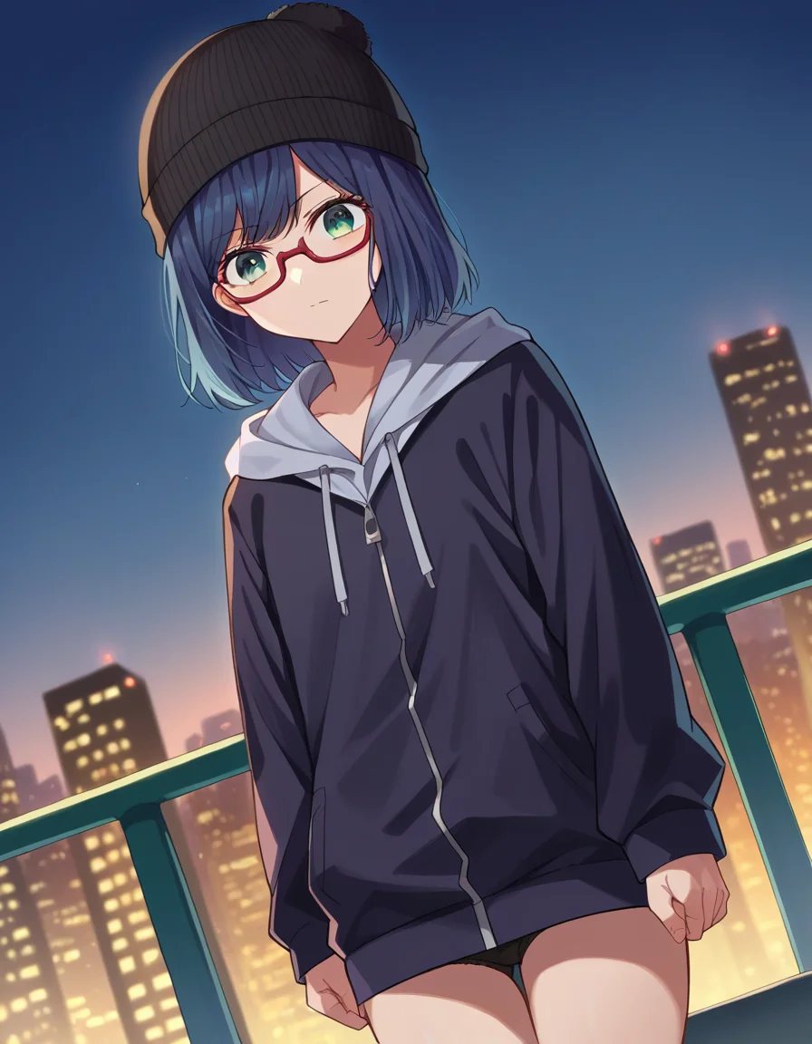 score_9, score_8_up, score_7_up, source_anime,
akanekurokawa, <lora:akane-kurokawa-ponyxl-lora-nochekaiser:1>,
akane kurokawa, bangs, green eyes, blue hair, medium hair, dark blue hair,
long sleeves, hat, jacket, glasses, hood, black jacket, black headwear, hoodie, hood down, red-framed eyewear, beanie,
outdoors, cityscape,
looking at viewer, cowboy shot, dutch angle,