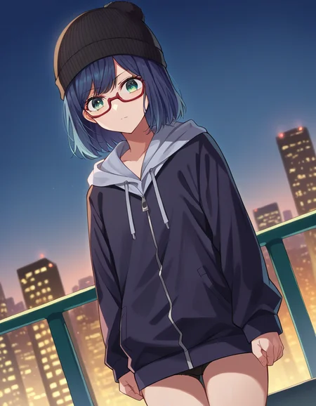 score_9, score_8_up, score_7_up, source_anime,
akanekurokawa, <lora:akane-kurokawa-ponyxl-lora-nochekaiser:1>,
akane kurokawa, bangs, green eyes, blue hair, medium hair, dark blue hair,
long sleeves, hat, jacket, glasses, hood, black jacket, black headwear, hoodie, hood down, red-framed eyewear, beanie,
outdoors, cityscape,
looking at viewer, cowboy shot, dutch angle,
