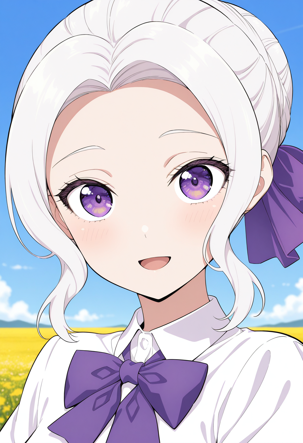 kiryu_shino, purple eyes, white hair, single hair bun, hair ribbon, purple bow, sidelocks, school uniform, collared shirt, white shirt, short sleeves,  <lora:kiryu_shino_illustrious_ver1:0.8> 
smile, 1girl, solo, (field:1.2), (blue sky:1.2), looking at viewer,, masterpiece, best quality, general,, (upper body:1.2), (close-up:1.2), (facing viewer:1.2), (open eyes:1.4), (portrait:1.2)