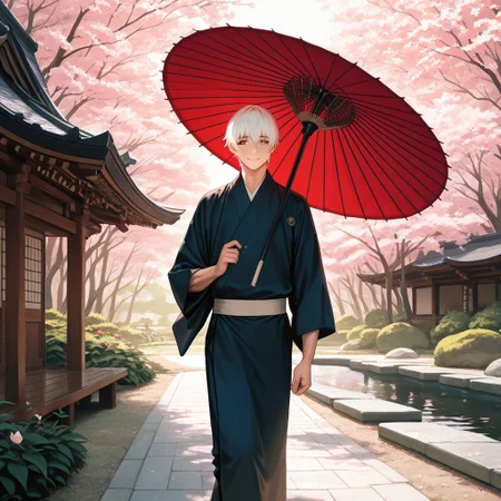 masterpiece, best quality, amazing quality, absurdres, newest, detailed background, definition so sharp, Ultra-HD, 8K cinematic, very awa, impressionate, amazing quality, highres,
solo, male focus, manly,
yashiroisana, 1boy, short hair, bangs, shiro_white hair, shiro_brown eyes, oil-paper umbrella, walking, looking to the side, gentle smile, calm expression, traditional Japanese garden, pond, cherry blossoms, soft lighting, aesthetic, peaceful, playful curiosity, tranquil