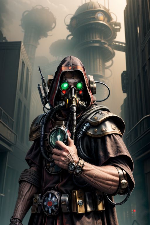 ((masterpiece,best quality)), absurdres, BREAK
mechanical arms, black robes, hood, BREAK
((techpriest)), cyborg, mechanical face, mechanical limbs, gas mask, mechanical tentacles, (mechanical backpack), BREAK
1other, solo, holding pistol, firearm, handgun, pistol, gun, BREAK
factory background, smoggy sky, air pollution, smokestacks, BREAK
(style-rustmagic),