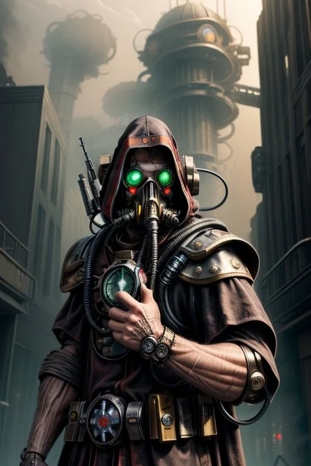 ((masterpiece,best quality)), absurdres, BREAK
mechanical arms, black robes, hood, BREAK
((techpriest)), cyborg, mechanical face, mechanical limbs, gas mask, mechanical tentacles, (mechanical backpack), BREAK
1other, solo, holding pistol, firearm, handgun, pistol, gun, BREAK
factory background, smoggy sky, air pollution, smokestacks, BREAK
(style-rustmagic),