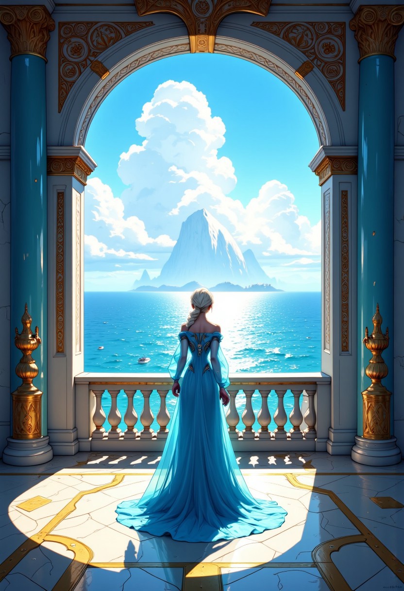 anime style Hyper detail fairtales illustrator art. The epic dramatic darktale style cinematic scene. The Princess Elsa in the middle ò the Royal Palace, with ornate archdoor balcony, open seascape view . Golden runes golden cybernectic line decorate, Grimmdark. (Ultra-detail, 32k, Masterpiece, High Quality, Detailed Realistic Background, Official Art,).