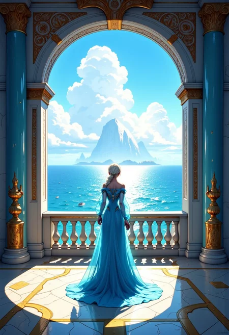 anime style Hyper detail fairtales illustrator art. The epic dramatic darktale style cinematic scene. The Princess Elsa in the middle ò the Royal Palace, with ornate archdoor balcony, open seascape view . Golden runes golden cybernectic line decorate, Grimmdark. (Ultra-detail, 32k, Masterpiece, High Quality, Detailed Realistic Background, Official Art,).