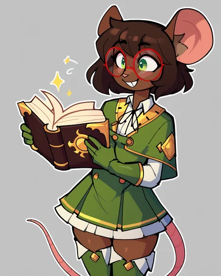 score_9_up, score_8_up, score_7_up, score_6_up, by remanedur, furry female, female, furry, mouse, green eyes, brown hair, brown skin, short hair, green gloves, capelet, skirt, collared shirt, thigh boots, red round glasses, tail, small breasts, looking at book, smile, happy, book, holding book, solo, three-quarter view, simple background, white outline, <lora:Leah_Pines(AIM)_XL_v1:0.15> <lora:PDXL_artist_tags_v2_big:0.5> <lora:The-Minuscule-Task_PDXL_v1.0:0.6> <lora:Olive_BumbleSteak:0.7>