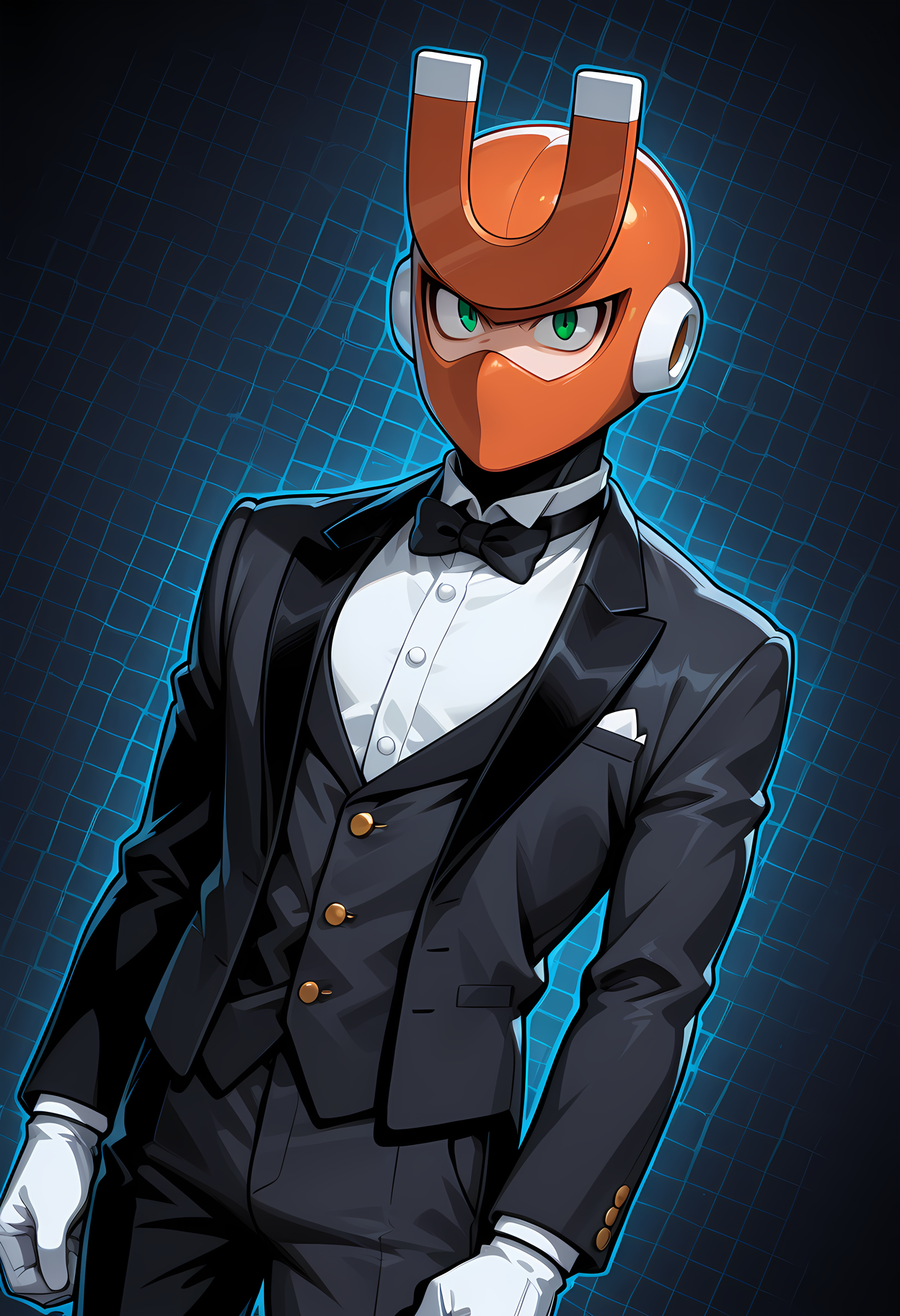 masterpiece, best quality, amazing quality, dutch angle, abstract background, BREAK
1boy, solo, male focus, mm3_magnet, helmet, green eyes, android, tuxedo, formal, bow tie, BREAK
<lora:cfg_scale_boost:.6>  <lora:Magnet_Man_-_Mega_Man_3_-_ILXL:1>