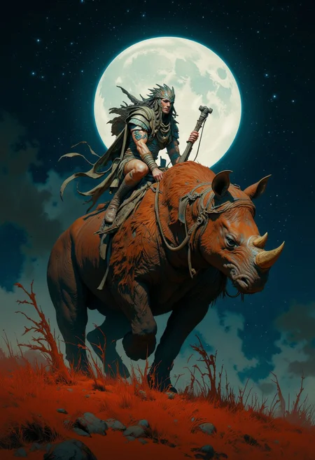 score_9, score_8_up, score_7_up, 8k high quality digital painting, masterpiece, very detailed, ultra realistic, (best quality) very detailed epic masterpiece, boris vallejo style, frank frazetta style, realistic oil painting, retro artstyle, full body, side view, backlight, we see a primeval muscular cave-man in fur clothing riding on his bear-like rhino-like monster, the monster has long fur hair, night, red brown, big full moon at the center of the picture, backlight, wide grassy landscape, fairytale-like, realistic detailed oil painting style Rembrandt style, Vermeer style, Dungeons and dragons atmosphere, heroic fantasy, realistic, realism, full body
