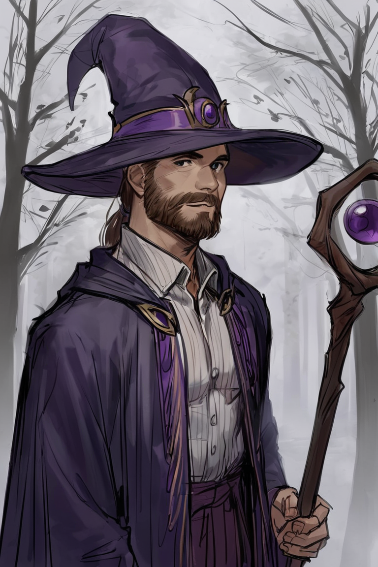 score_9, score_8_up, score_7_up, rating_safe, sketch, 1boy, solo, male focus, mature male, wizard, long hair, brown hair, black eyes, looking at viewer, hat, facial hair, beard, mustache, staff, wizard hat, purple hat, shirt, collared shirt, robe, purple robe, cloak, holding, holding staff, upper body, standing, outdoors, forest, nature, tree, fog, dark background <lora:Sketch Illustration Style [LoRA] - Pony V6 XL:0.7>